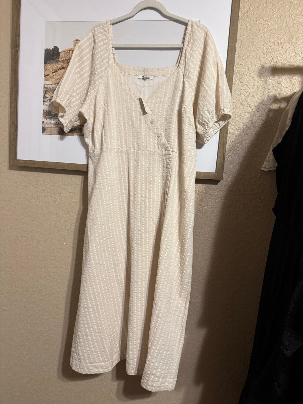 Madewell Blush pink puff-sleeve button-wrap midi dress in undyed stripe size 14